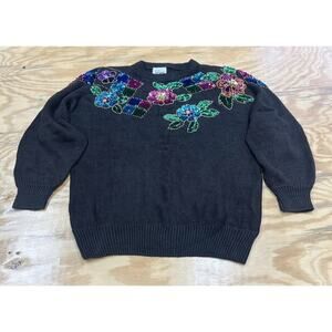 Vintage Mr Noah Floral Christmas Sweater Embroidery Sequins Black Size Medium